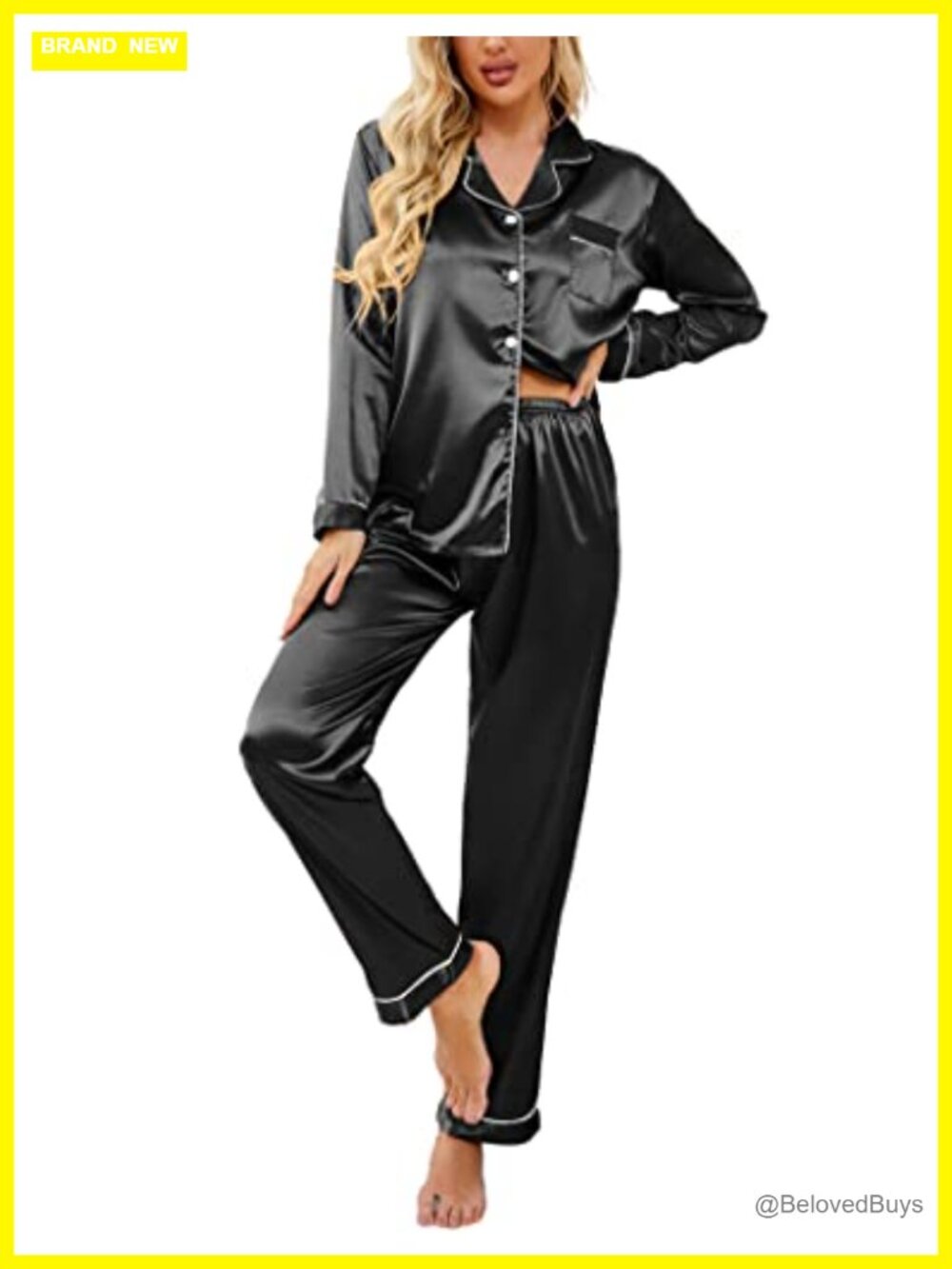 Satin Silk Pajama Set Classic Button Down Long Sleeve Notch Collar 2 Piece